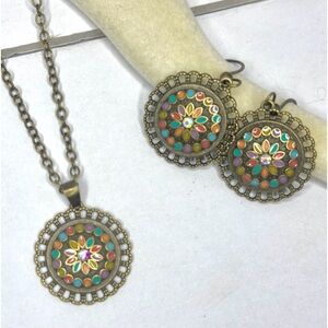 Antique Bronze 3 Piece Multi Color Boho Necklace & Earrings Set Vintage Inspired